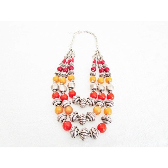 Vintage Three Strand Silver, Deep Red and Butterscotch Beaded Necklace - Picture 1 of 4